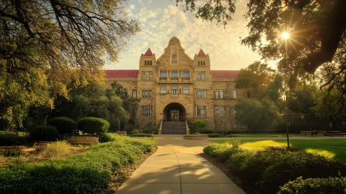 Historic stone academic building with landscaped campus grounds.