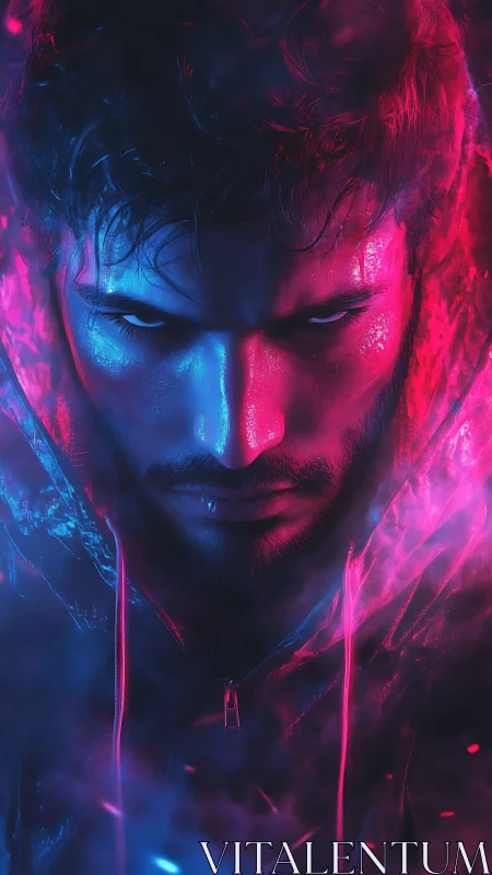 Hooded male portrait under split neon blue and pink lighting.