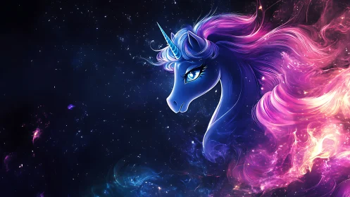 Cosmic blue unicorn with glowing nebula mane in space.