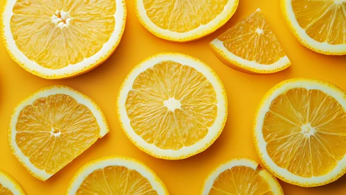 High-saturation overhead composition of sliced lemons on yellow