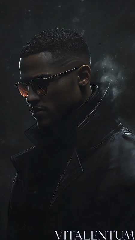 Shadowed man in dark coat and tinted sunglasses portrait.