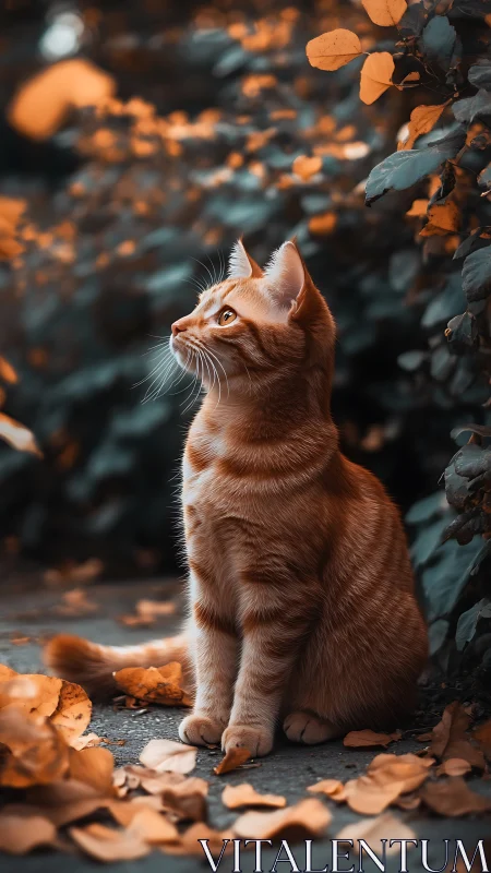 Orange tabby cat sitting among autumn leaves. Period.