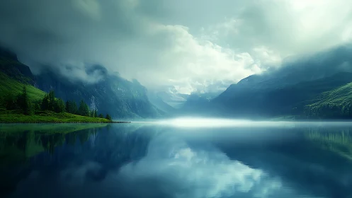 Mountain lake reflects misty peaks under diffuse cloud light