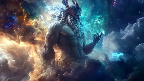 Cosmic stormforger god cradles swirling galaxies in hand.