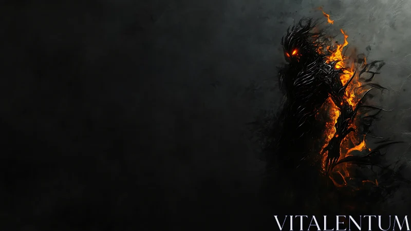 Dark fiery humanoid figure emerging from shadowed background.