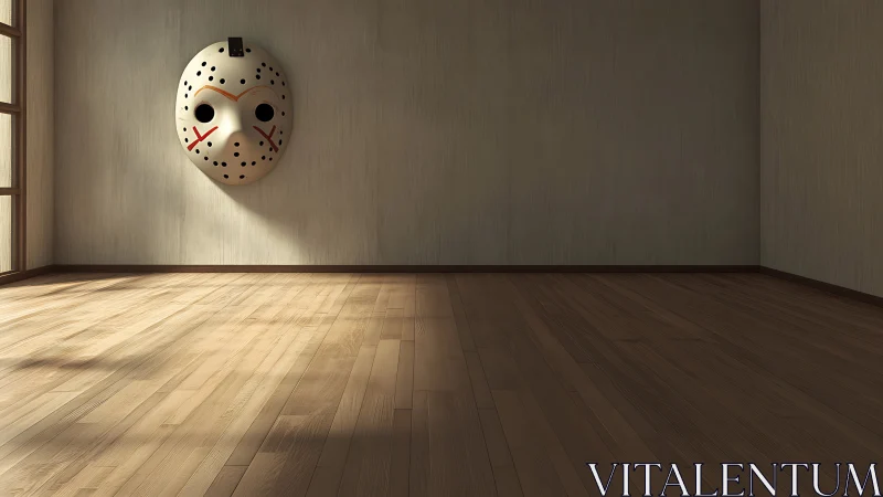 Hockey mask mounted on wall in empty sunlit wooden room