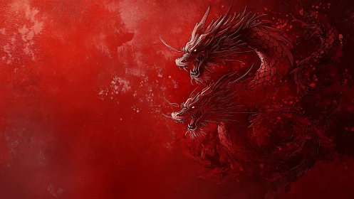 Digital painting of twin crimson dragons on textured field.
