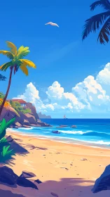 Tropical Coastal Diorama with Vulture Flight Over Crystalline Waters.