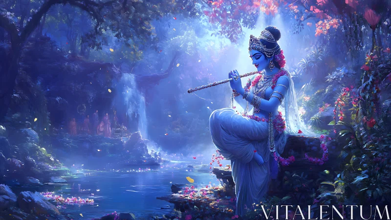 Moonlit blue flute player blessing a luminous forest pond.