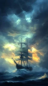 Square-rigged tall ship in storm surge under glowing cumulonimbus