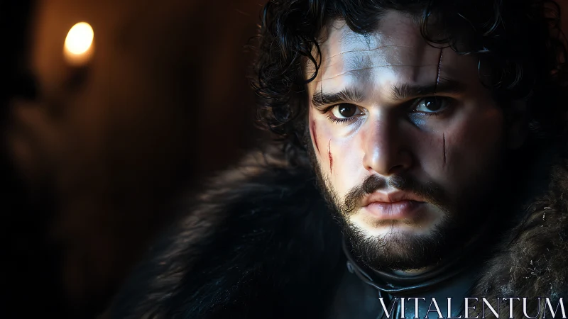 Battleworn winter knight under candlelit shadows gazes on.