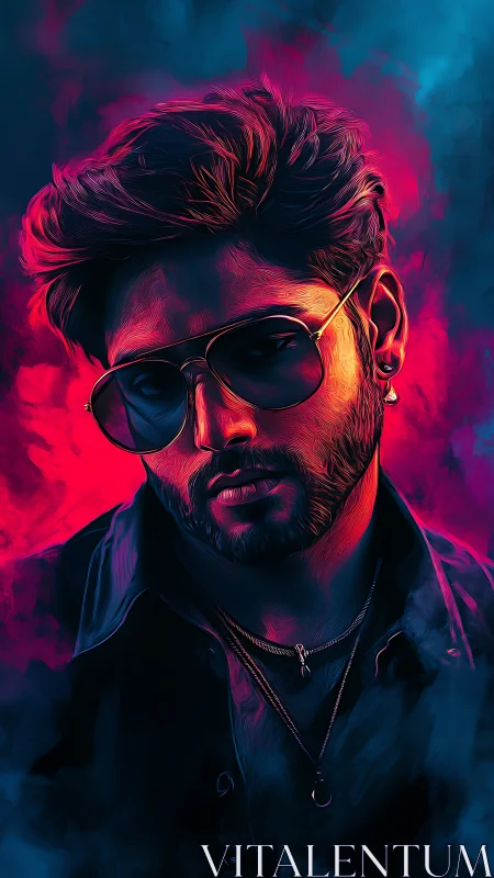 Chromatic portrait of neon-lit man in stylized vector detail.