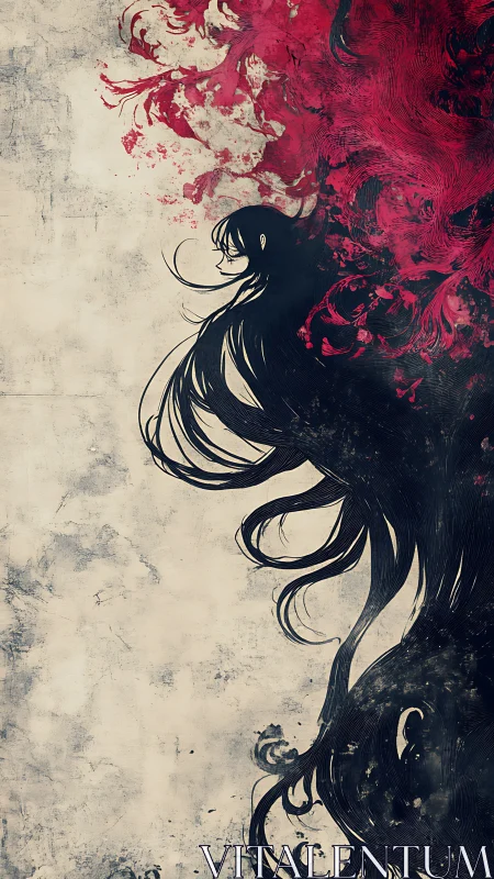 Silent silhouette adrift in swirling ink and crimson skies.