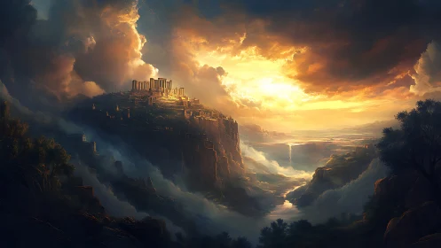 Sun-forged citadel crowns a mist-split celestial canyon