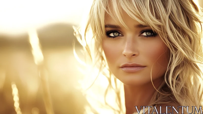 Sunlit portrait of a golden-haired woman in soft fields.