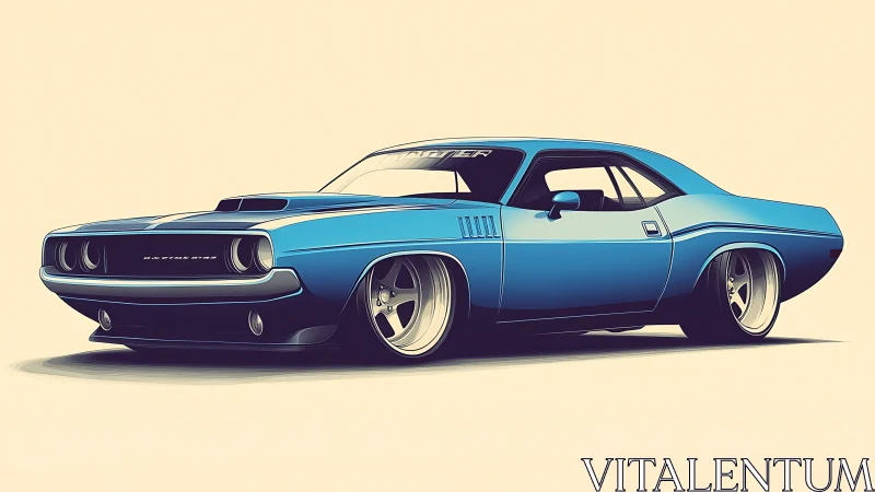 Low-angle render showcases streamlined blue muscle car profile