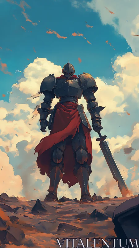 Armored knight stands victorious under sweeping skies.