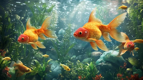 Bright orange goldfish swimming in lush underwater tank.