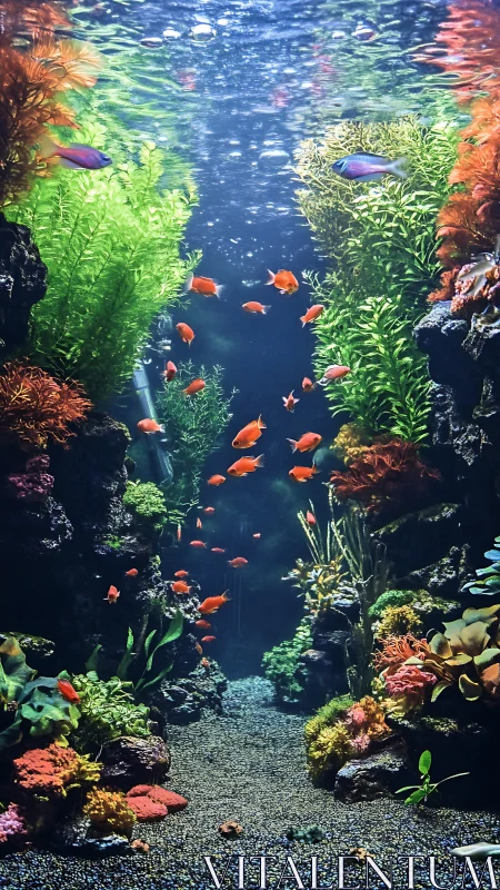 Colorful aquascape with tropical fish in tall glass tank.