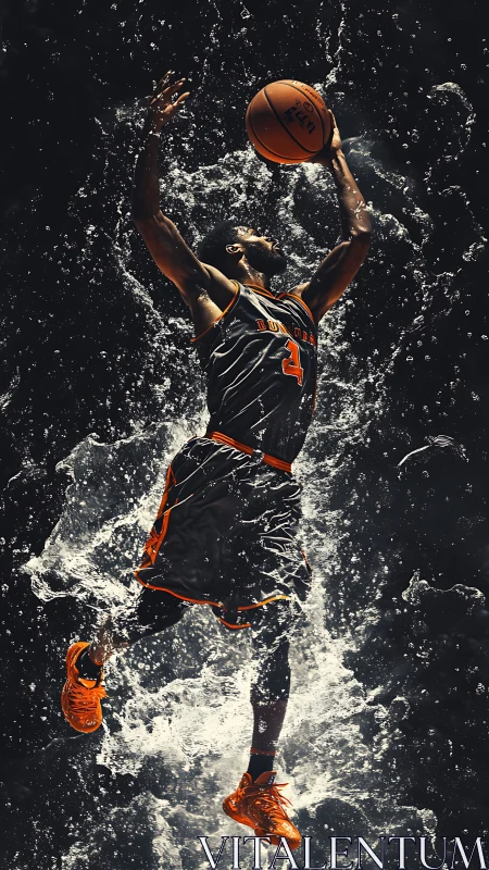 Water-splashed skyward dunk frozen in molten orange motion.