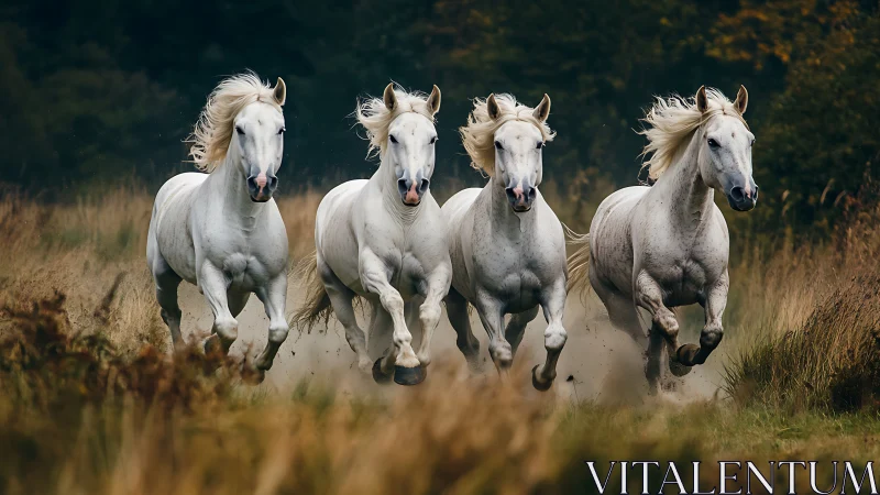 Four white horses galloping through autumn meadow at speed