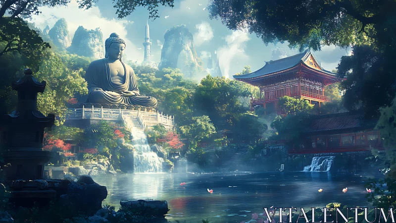Serene mountain Buddha temple overlooks cascading forest lake