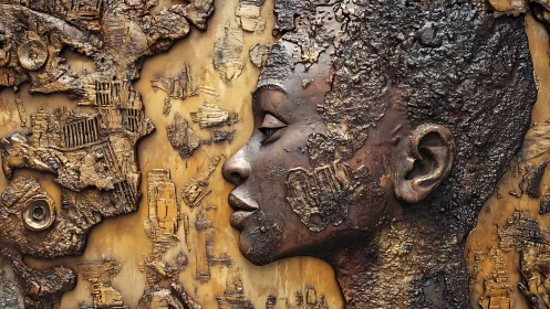 Textured bronze relief profile integrates facial form and eroded topography