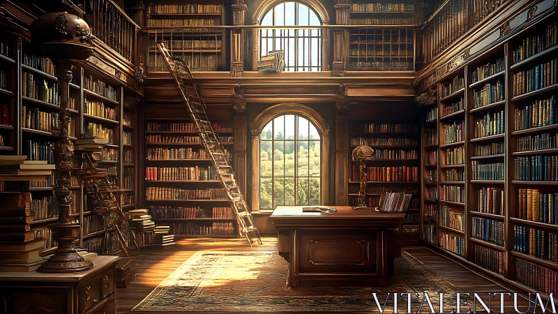 Sunlit two level library interior centers desk and shelves