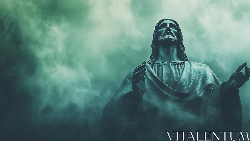 Majestic Christ statue rises through swirling ethereal fog.