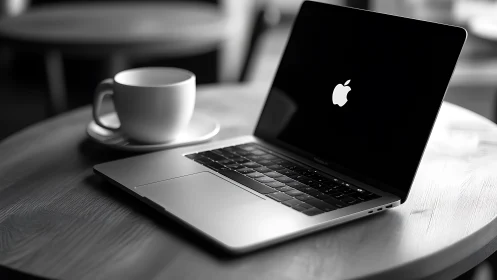 Laptop with illuminated logo sits beside coffee cup on table