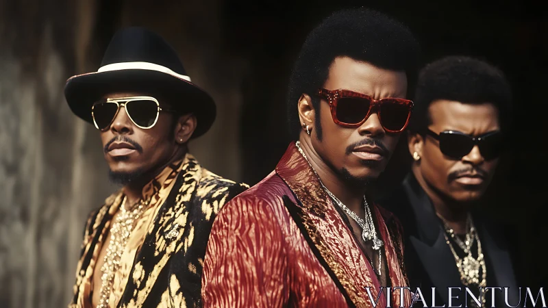 Three stylish men wear bold patterned suits and sunglasses