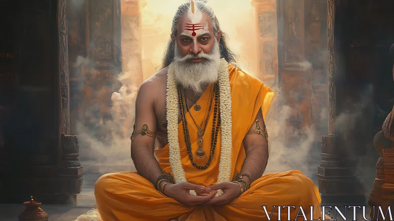 Meditating Hindu sage in saffron robes within misty stone temple