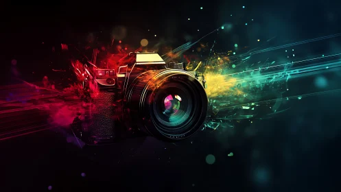 Retro camera erupts with neon light trails and motion burst.
