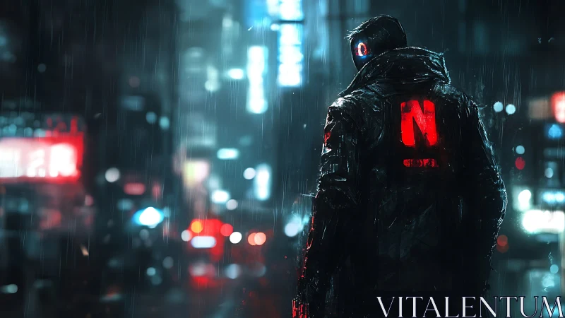 Cyberpunk loner under neon rain in futuristic alleyway.