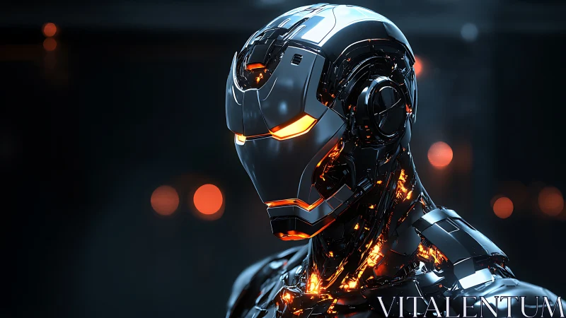 Armored cybernetic warrior glows in a moody neon haze