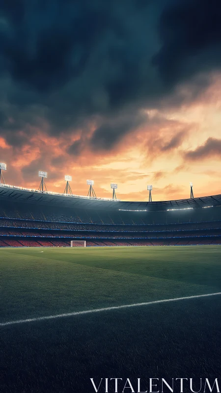 Floodlit soccer stadium waits beneath dramatic storm sky