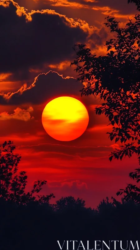 Fiery red sunset sky silhouettes dense treeline and foliage