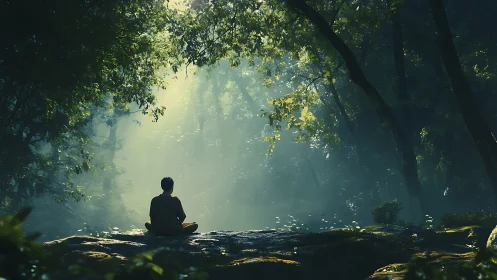 Quiet forest thinker drinks sunlight in a mossy clearing