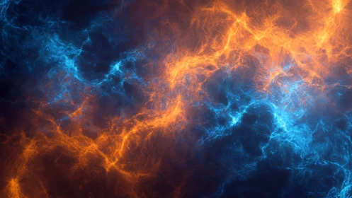 Fractal plasma nebula with intersecting blue and orange filaments