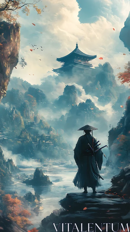 Lone samurai overlooks misty mountain temple valley.