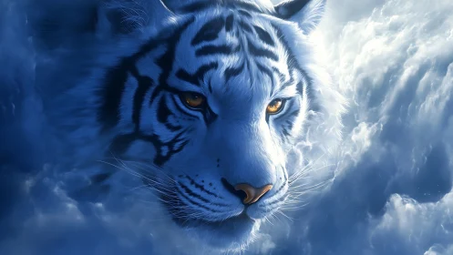 Luminous white tiger portrait emerging from ethereal storm clouds
