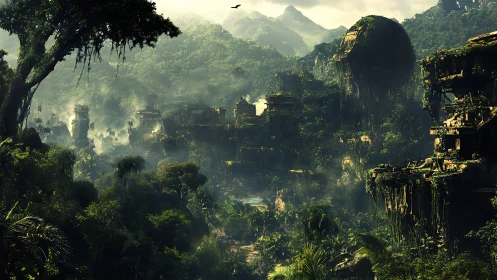 Mystical jungle city wrapped in misty emerald mountains.