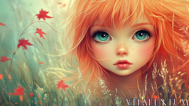 Freckled autumn sprite with teal eyes in glowing meadow.