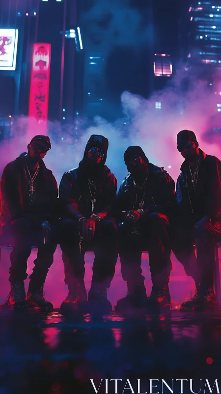 Four hooded figures sit in neon city fog at night