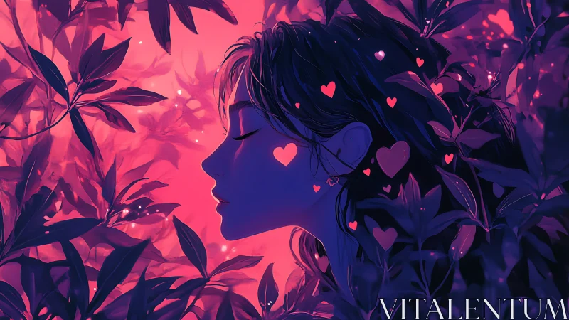 Dreamy profile silhouette in glowing neon foliage night.