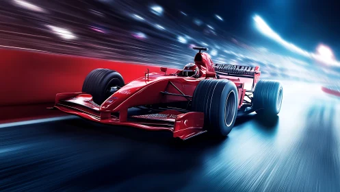 Scarlet Formula racer blasting through neon night circuit.