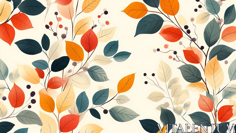 Autumn botanical pattern with stylized multicolor foliage design.