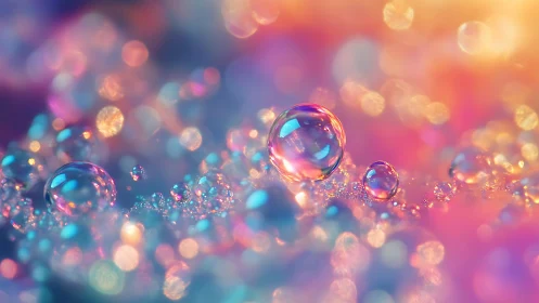 Macro photograph shows iridescent water droplets on surface