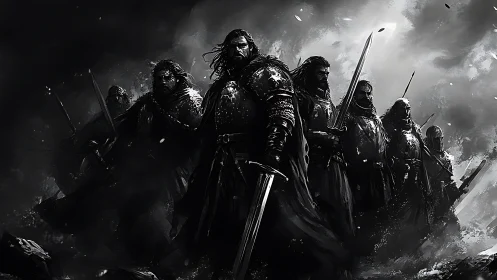 Storm-forged knights stride through the grayscale battlefield veil