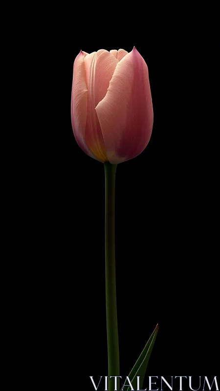 Pink tulip stem on black background, minimalist closeup.